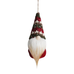 Knitted Christmas gnome hanging ornament with red and green striped hat and white beard