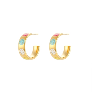 18K gold plated stainless steel C-shape earrings with colorful enamel smiley faces