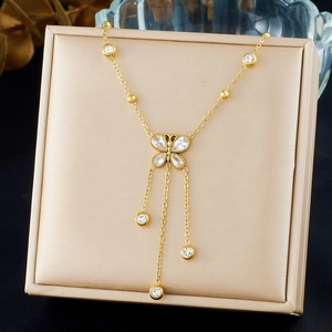 Collier Pendentif Papillon Acier Inoxydable Plaqué Or Longue Frange Strass Chaîne Fine Bijoux Élégants Pour Femmes