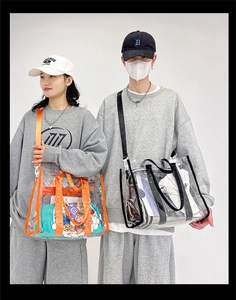 Clear PVC crossbody bag with adjustable strap shown by couple in casual street style