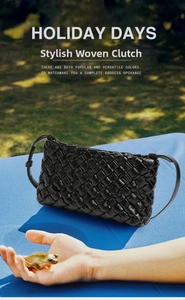 Close-up of the black hand-woven leather rectangle shoulder bag with slim strap