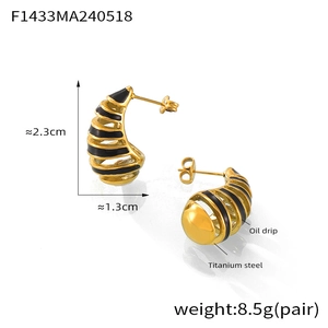 Detailed view of teardrop geometric earrings in gold titanium steel with black oil drip