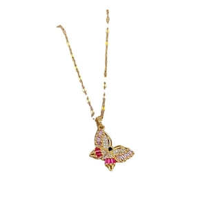 Titanium steel butterfly necklace with pink micro-set crystals on a gold chain