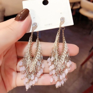 Silver fringe tassel earrings with pink teardrop beads and 925 silver needles