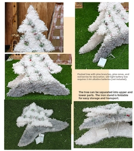 Detail of flocked Christmas tree with LED lights, pine cones, and foldable metal stand