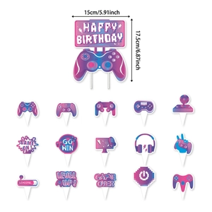 Neon game controller birthday cake topper set with blue and purple level up theme elements
