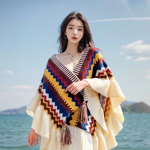 Bohemian Knit Poncho Shawl Colorful Stripe Geometric Pattern With Tassels And Ruffles For Women Travel Ethnic Style