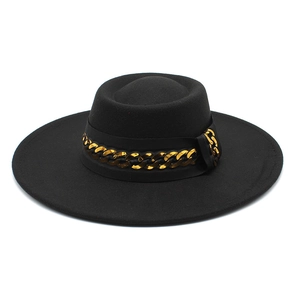 Classic black cashmere wide brim boater hat with a decorative gold metal chain link band
