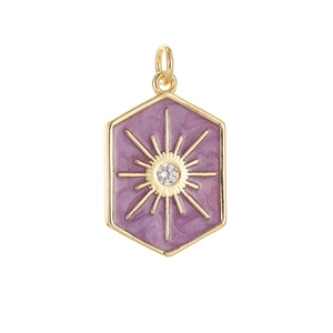 Colgante hexagonal dorado de sol con esmalte morado y circonita central clara