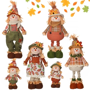 Set of 6 Harvest Festival scarecrow dolls with retractable legs and autumn maple leaves