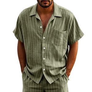 Detailed texture of dark green vertical striped men's casual short sleeve shirt set