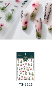 Detail of TS-2225 3D embossed nail stickers with pink lotus and dragonfly motifs
