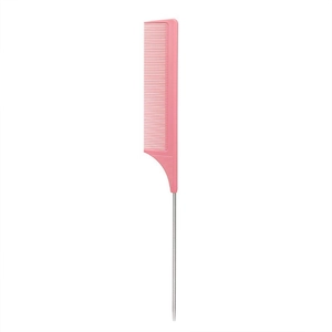 Pink styling tail comb with fine plastic teeth and long metal needle for hair parting