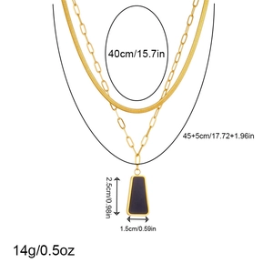 Gold double-layer necklace with black trapezoid pendant and detailed size measurements