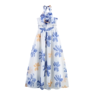 Damen Maxikleid Neckholder Organza Blumendruck 3D Blume Elegant Rückenfrei Gesmokt Hohe Taille Cutout