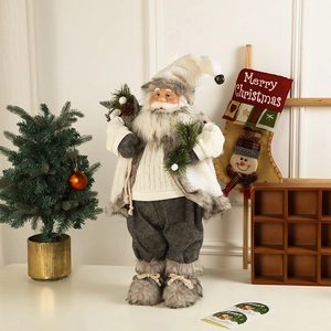 Minimalist Nordic Santa Claus figurine in white knit sweater with grey faux fur trim decor