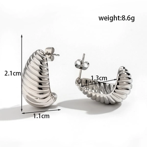 Polished silver stainless steel croissant teardrop C-shape chunky hoop earrings for women