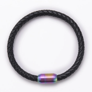 Close-up of black braided leather bracelet with a gradient iridescent magnetic clasp
