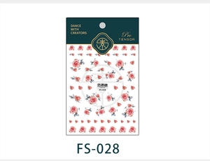 Detailed realistic pink rose flower nail stickers set with green leaves model FS-028
