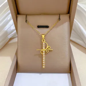 Titanium Steel And Copper Hollow Cross Pendant Necklace With Cubic Zirconia Elegant Dainty Luxury Clavicle Jewelry Women