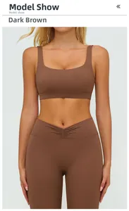Detail of high-waist yoga set in dark brown with V-shaped waistband and U-neck sports bra