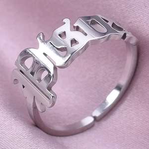 Macro shot of silver adjustable 304 stainless steel ring with hollow letter design