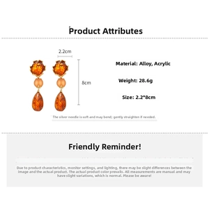 Detailed specs of amber acrylic teardrop earrings with dimensions 2.2x8cm and weight 28.6g