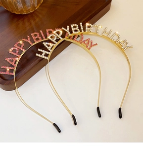 Detailed view of rhinestones on the Happy Birthday headband with protective end caps