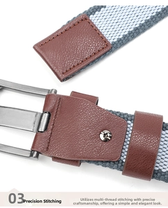 Detail of woven gray-blue canvas belt with brown leather joint and metal buckle