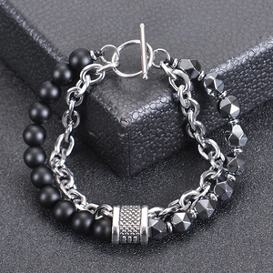 Natural Stone Stainless Steel Layered Bracelet Toggle Clasp Punk Fashion Jewelry For Men And Women