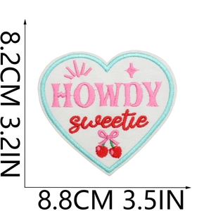 Detail of a Howdy Sweetie heart embroidery patch showing 8.8cm x 8.2cm dimensions