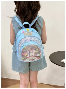 Blue sequin unicorn backpack for kids featuring a 3D crown and shiny embroidery detail