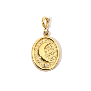 Macro shot of gold stainless steel oval pendant featuring moon relief and sparkling zircon