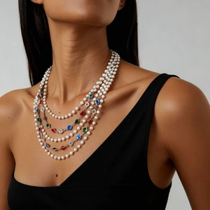 Detail of multi-layer pearl necklace with colorful gemstones and silver metal accents