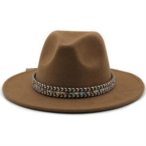 Detail of dark brown wool fedora hat featuring a colorful ethnic woven decorative band