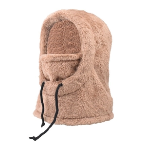 Winter thermal plush hood with integrated face mask and adjustable drawstring in camel color