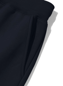 Detail of drawstring waist and side pocket on black fleece-lined cargo joggers