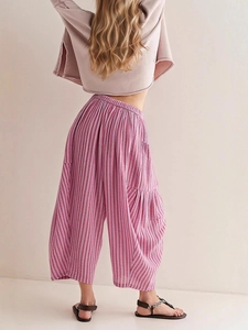 Pink striped wide leg pants with elastic high waist and breathable pleated fabric