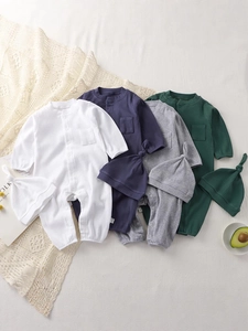 Infant Romper Jumpsuit And Knotted Hat Cotton Ribbed Long Sleeve Solid Color Baby Sleepwear Casual Soft Newborn Bodysuit