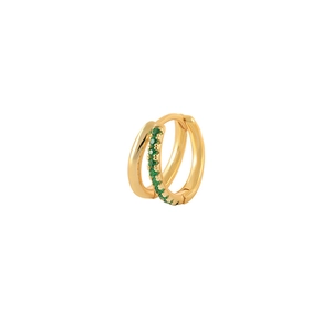 Close-up of gold double-layer huggie earrings featuring a row of inlaid green gemstones