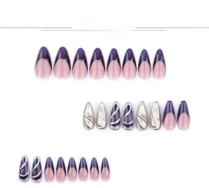 Detailed set of almond-shaped purple French nails with silver 3D embossed texture