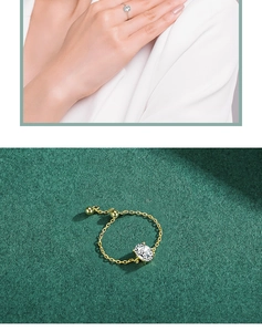 Adjustable S925 gold chain ring featuring a round clear gemstone and a slider bead