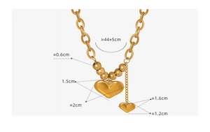 Spécifications détaillées de taille pour collier doré à double cœur avec mesures