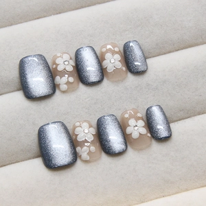 Kit de faux ongles fait main effet œil de chat bleu argenté avec fleurs 3D et strass