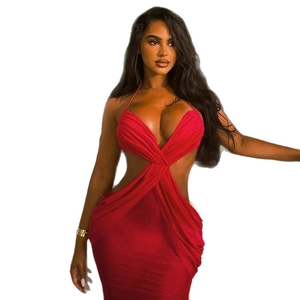 Sultry red backless bodycon maxi dress with halter neck and pleated detail for women