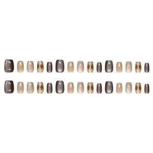 Checkboard cat-eye press-on nails set with brown glitter and glossy finish