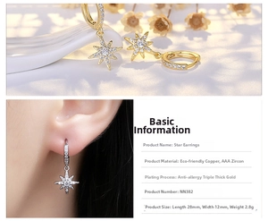Detail of eight-pointed star drop earrings with AAA zircon inlay in gold and silver