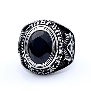 Men's vintage stainless steel ring with black gemstone and Eye of Providence design