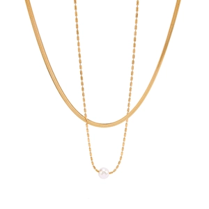 Double-layered 18k gold plated necklace with sleek snake chain and white pearl pendant