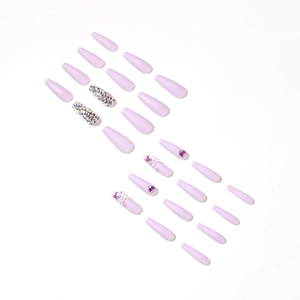 Lavender purple matte coffin fake nails with diamonds and bow accents, 24 piece set
